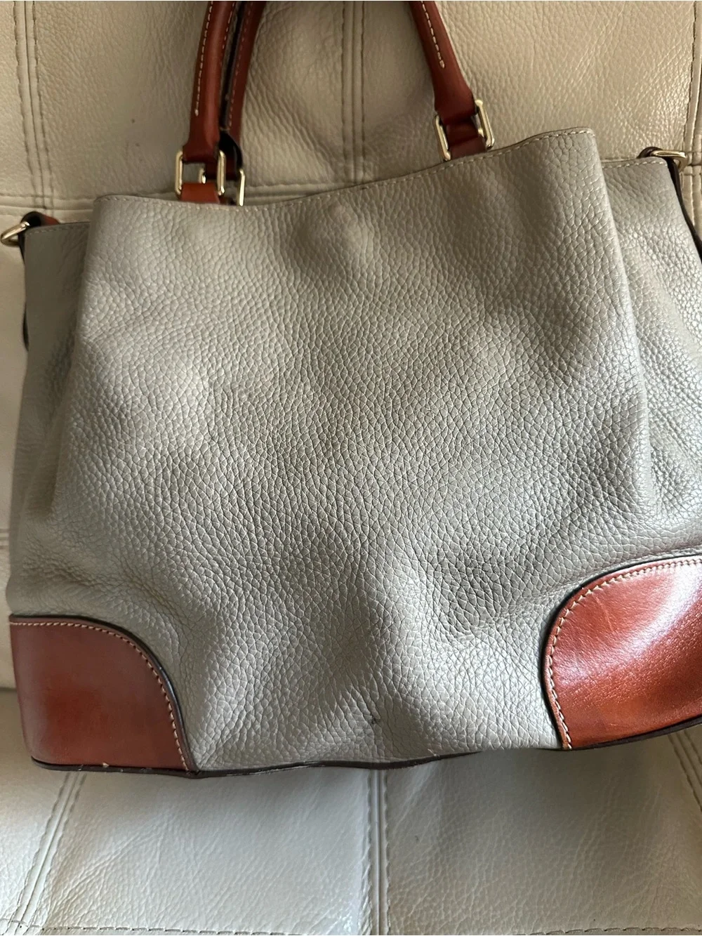 Dooney & Bourke Gray Leather Satchel with Brown Trim and Handles